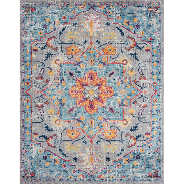 Bungalow Rose Faelan Performance Gray/Blue/Orange Rug & Reviews Wayfair